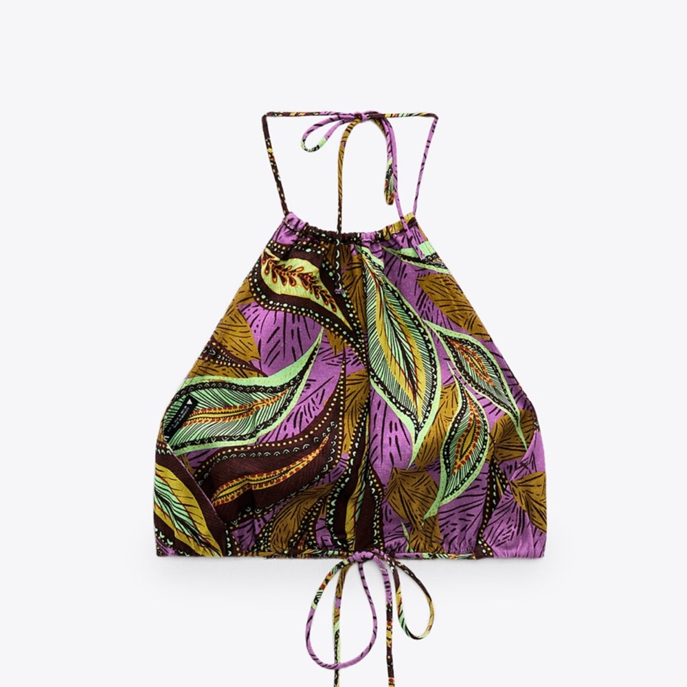 Printed linen blend crop top, purple size Large